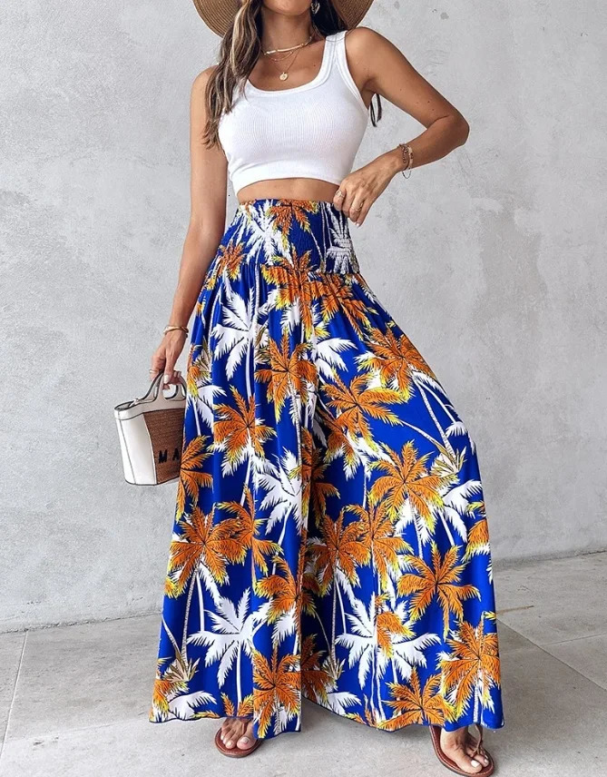 SpringSummer Womens Vacation Trousers Latest Casual Vintage Boho Tribal Floral Print High Waist Shirred Wide Leg Pants 250717