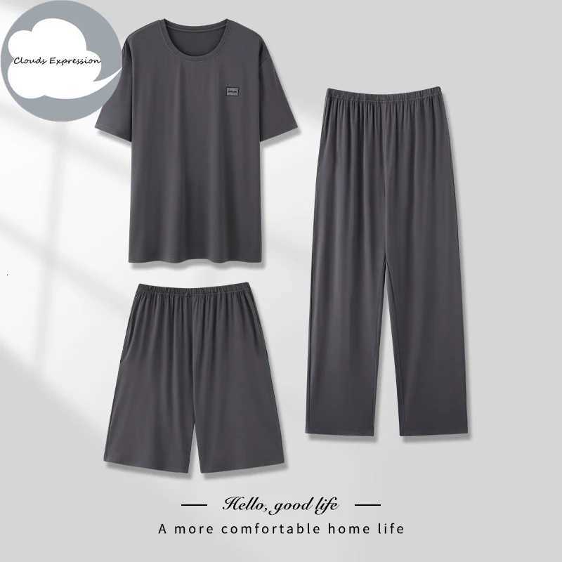 Summer New Modal 3 Pieces Pjs Short-sleeved Mens Pajama Sets Male Pajamas Plaid Loungewear Sleepwear Homewear 4XL PJ Clothing W250717