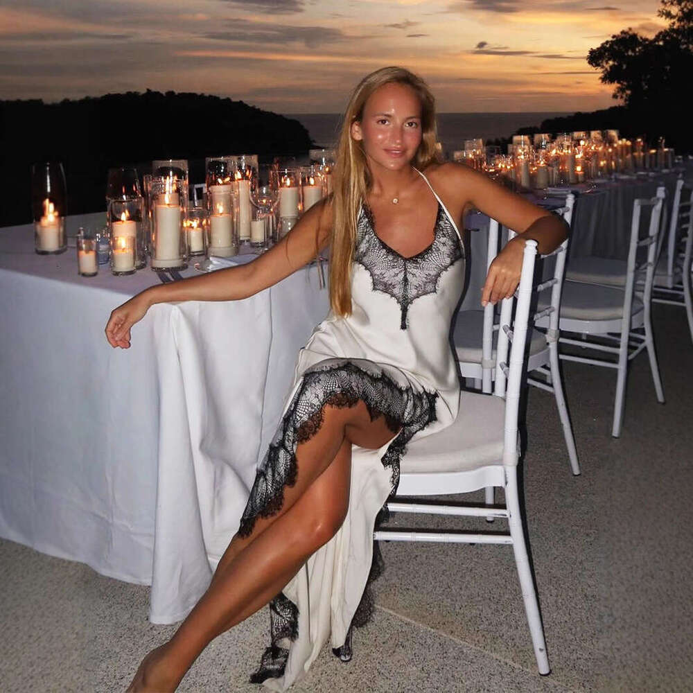 Summer Trim Strap Long Imitation Silk Sexy Slit Patchwork Lace Dress For Women B5