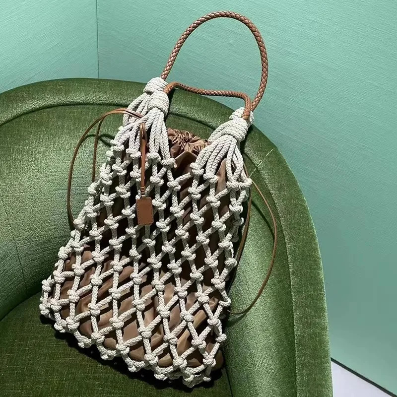 Summer Beach Bag For Women Mesh Rope Knitted Bucket Shoulder Bags Reticulate Hollow Travel Shopper Ladies Fashion Handbag 250624