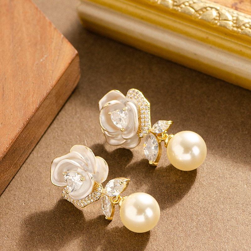 S Sier Needle French Elegant Temperament Glazed Camellia Zircon Pearl Earrings High-end Fashion Versatile Ear Jewelry