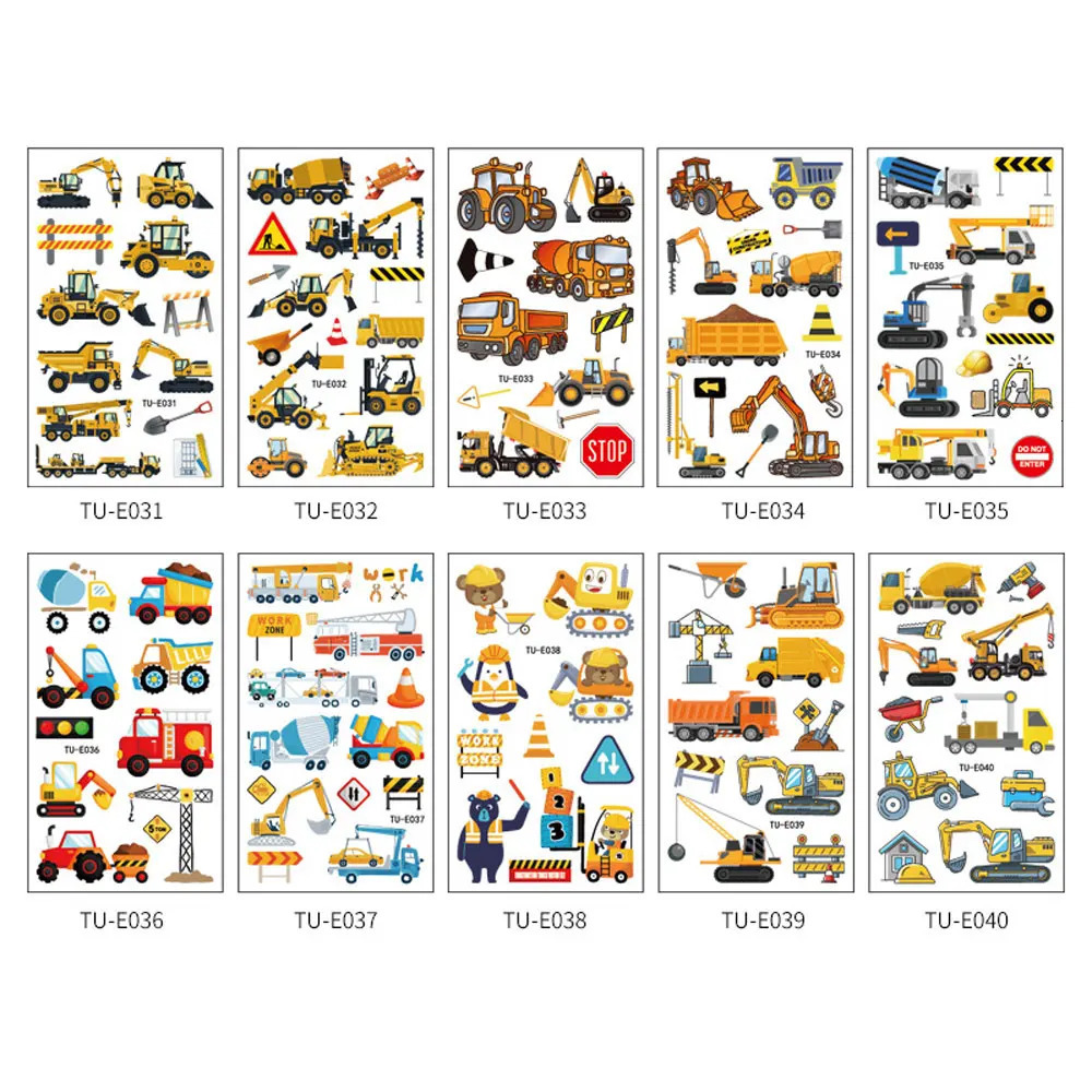 10 Sheets Children Cartoon Tattoo for Kids Engineering Vehicle Excavator Stickers Truck Waterproof Temporary Tattoos 250714
