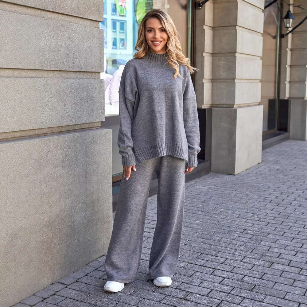 Turtleneck Sweater Autumn Winter New Loose Sleeve Long Pants Knitted Set For Women B5