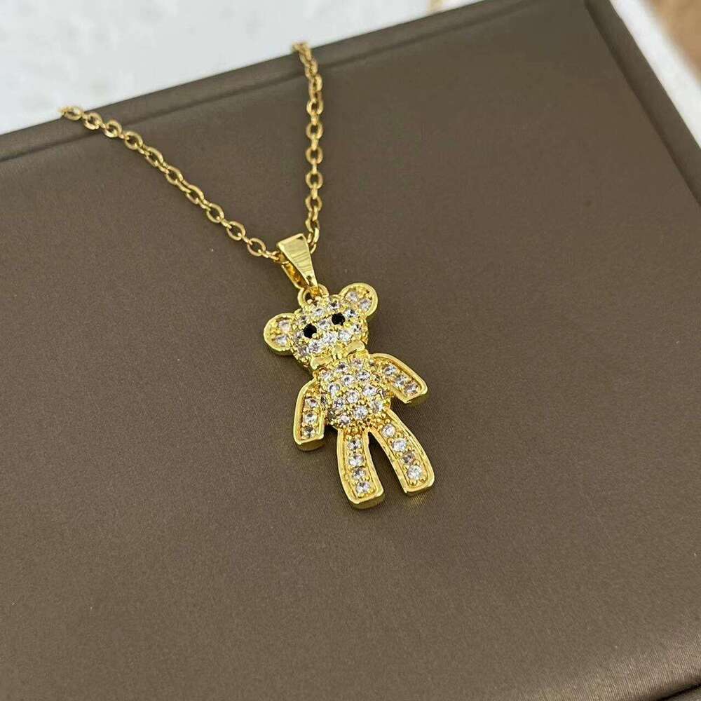 Korean Style New Bear Necklace For Women Copper Gold-Plated Dia-Studded Fashion Versatile Jewelry Non-Fading Titanium Steel Chain F60