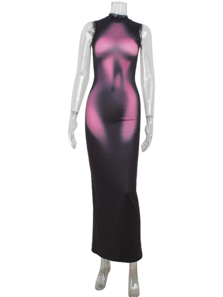 Ahagaga Fashion Print Womens Maxi Dresses Turtleneck Sleeveless Sheath Bodycon Causal Fit Streetwear Female Long Vestidos Maxi 250715