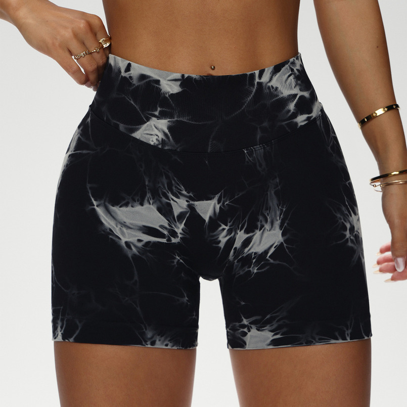 New Color Tie-Dye Ribbed Stretch Peach Hip Fitness Pants High Waist Seamless Yoga Shorts for Women