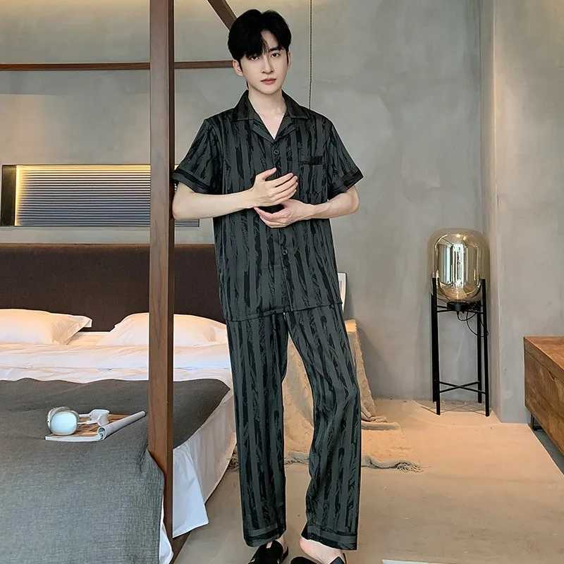 Plus Size Men Black Striped Short-Sleeve Long Pants Thin Pajama Set Cardigan Homewear Nightwear Youth Student Simple Sleepwear W250717