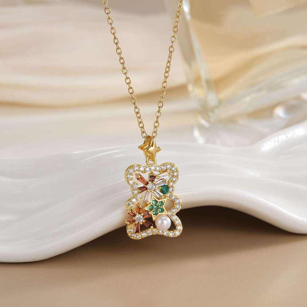 Gold-Plated Copper Micro-Paved Zircon Bear Cookie Design Necklace Collarbone Chain Jewelry Accessories 4A2