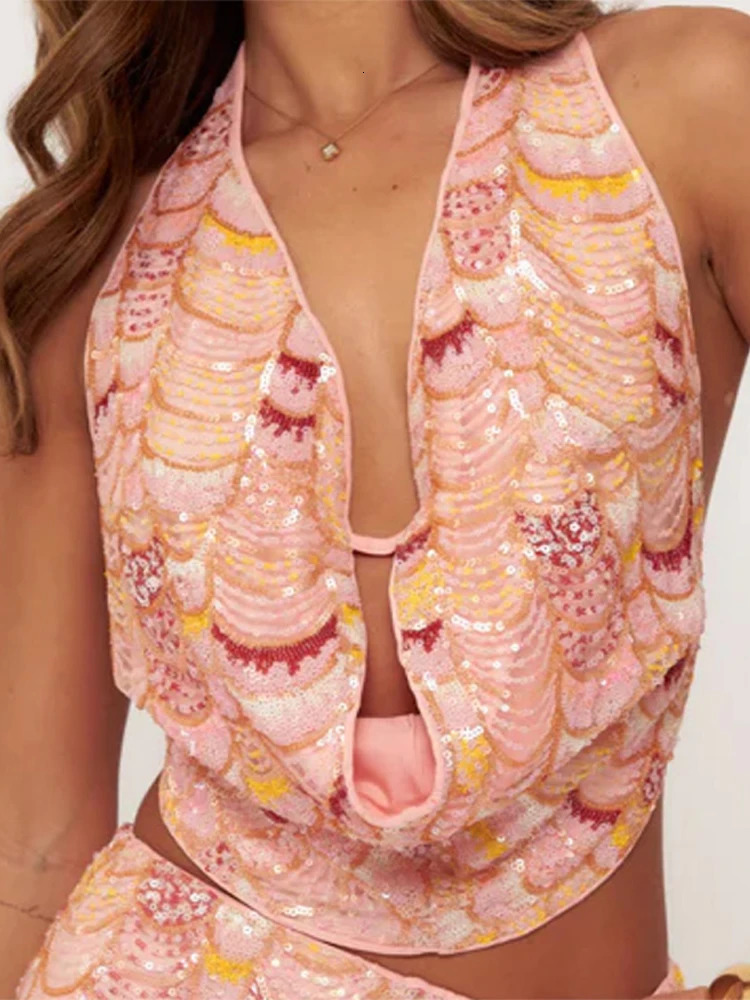 Sexy Sequined Beach Shorts Set Shiny Contrast Halter Backless Crop Top Slim Short Pants 2025 Summer Holiday Outfits Lady 250714