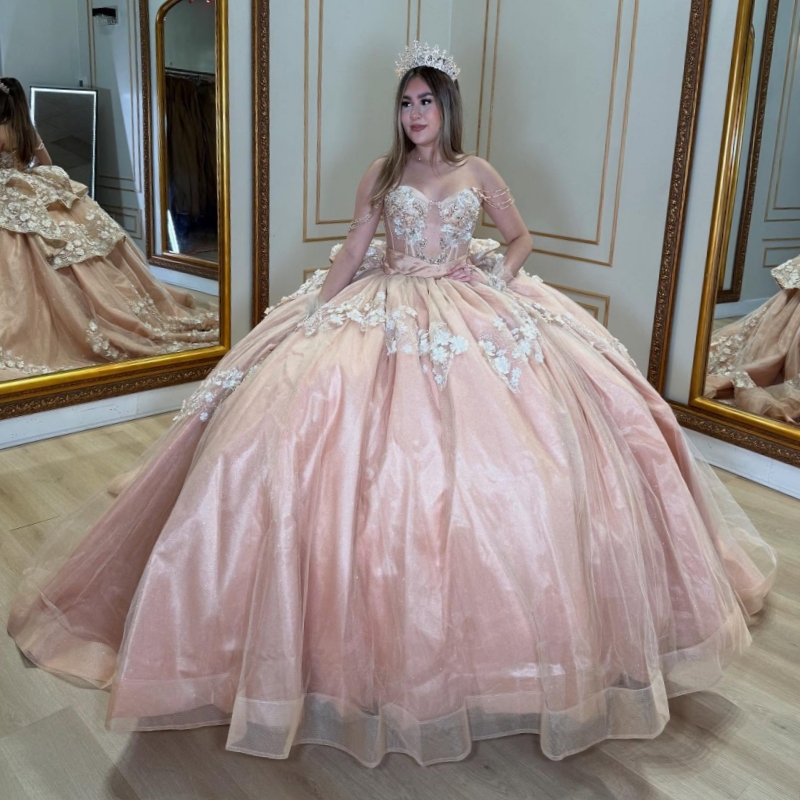 Pink Shiny Quinceanera Dresses Ball Gown Off The Shoulder Applique Lace Flower Beads Tull Corset Party Birthday Sweet 16 Dress Vestidos De 15 Anos
