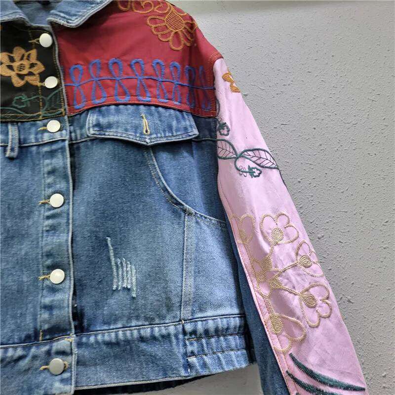 YEAE Retro Contrasting Color Splicing Irregular Long-Sleeved Denim Jacket 2025 Spring New Loose Top