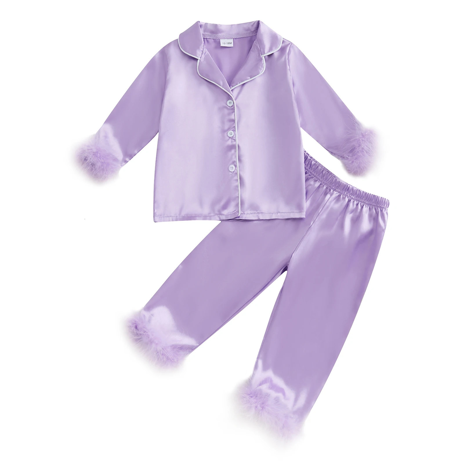 Kids Baby Girl Satin Pajamas Set Autumn Spring Fuzzy Trim Long Sleeve Button Down Tops Elastic Waist Pants 2Piece Loungewear Set 250716