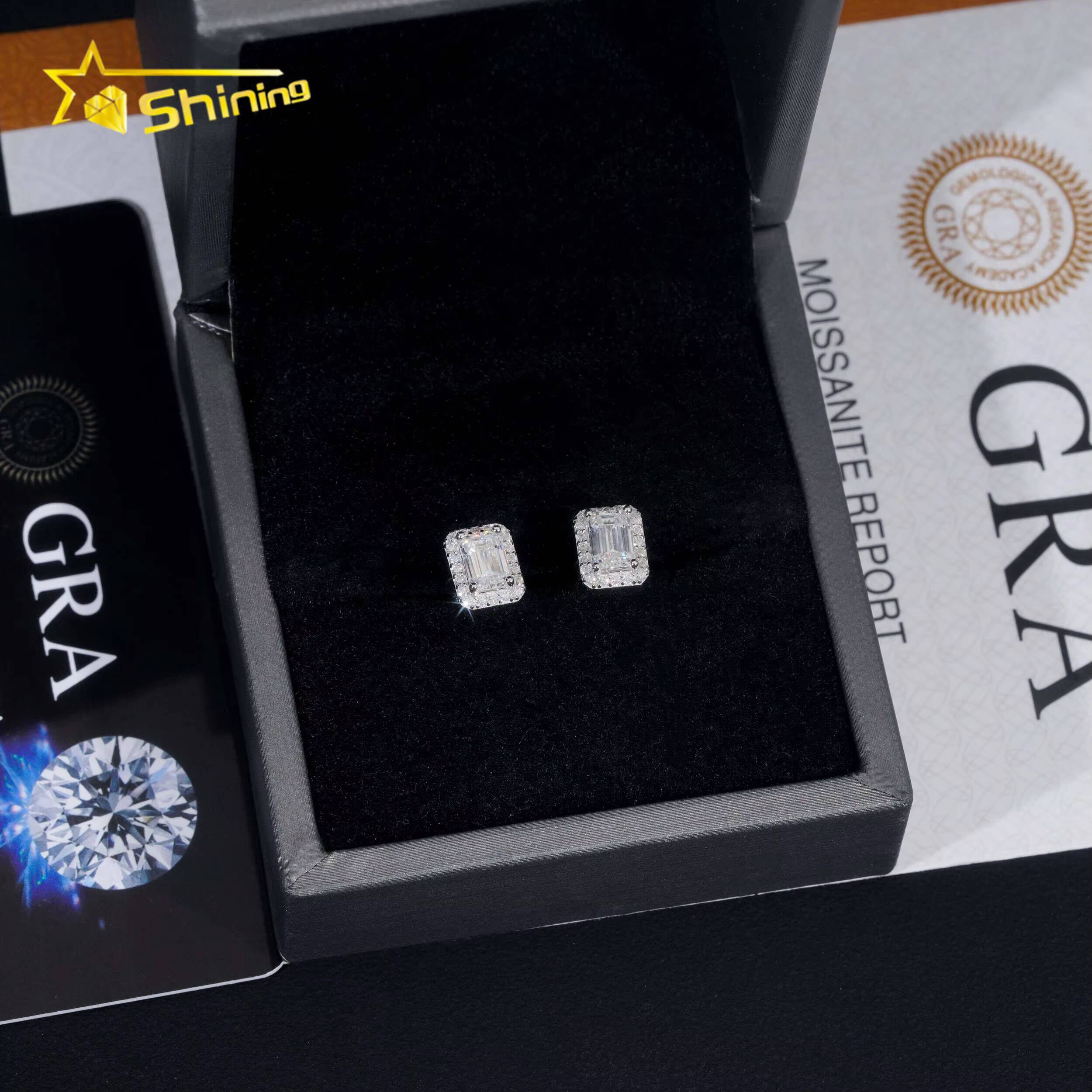 Emerald Cut Halo Earring Hip Hop Jewelry Iced Out VVS Diamond Moissanite White Gold Plated 925 Sterling Silver Stud Earrings