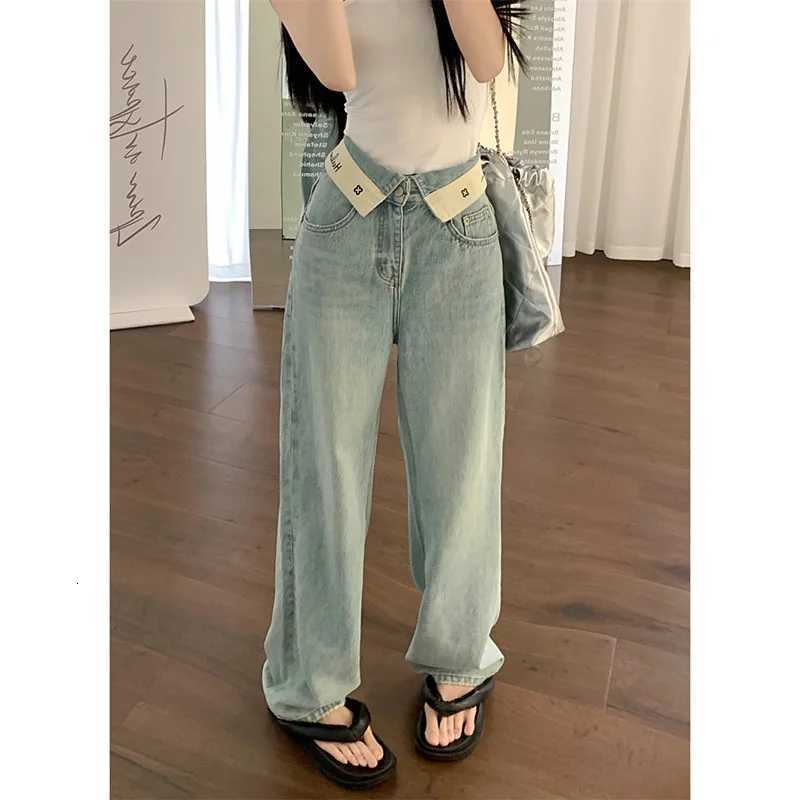 Retro Flip The Edge Waist Letter Wide-leg Jeans. Four Seasons New Fashion Loose Straight-leg Casual Floor-length Jeans for Women R250716