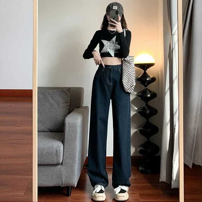 Korean Retro Classic Jeans Womens Wide Leg Pants Mom Femme Black Y2K Jeans High Waist Womens Trousers Pants Womens Pants R250716