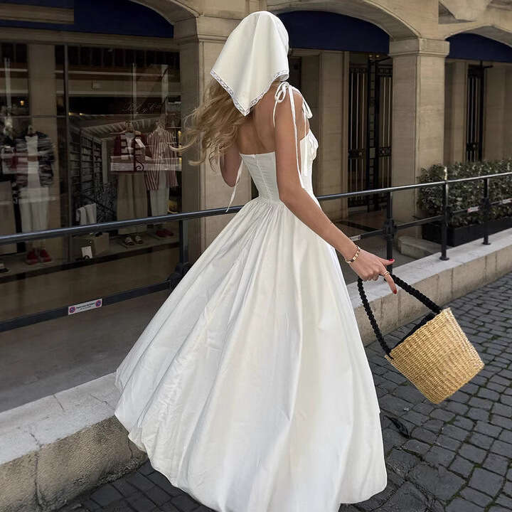 Strap Balloon Summer Waist-Cinching Puff Sleeve Large Swing Pure Cotton Dress For Women B5