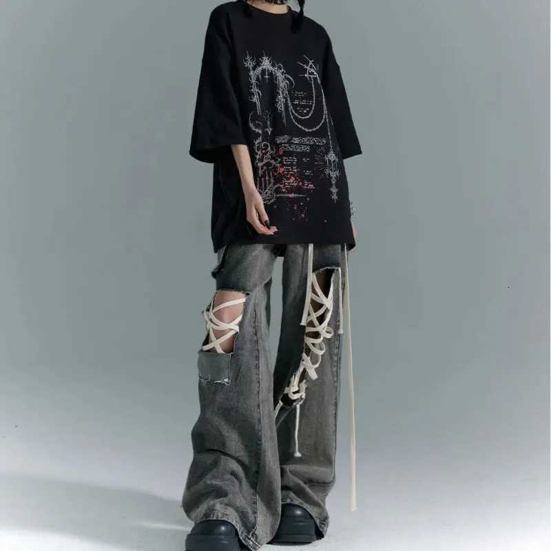 Summer High Street American Hottie Strap Pocket Ripped Cargo Baggy Jeans High Waist Punk Retro Wide Leg Pant Y2K Jeans Streetwear R250716