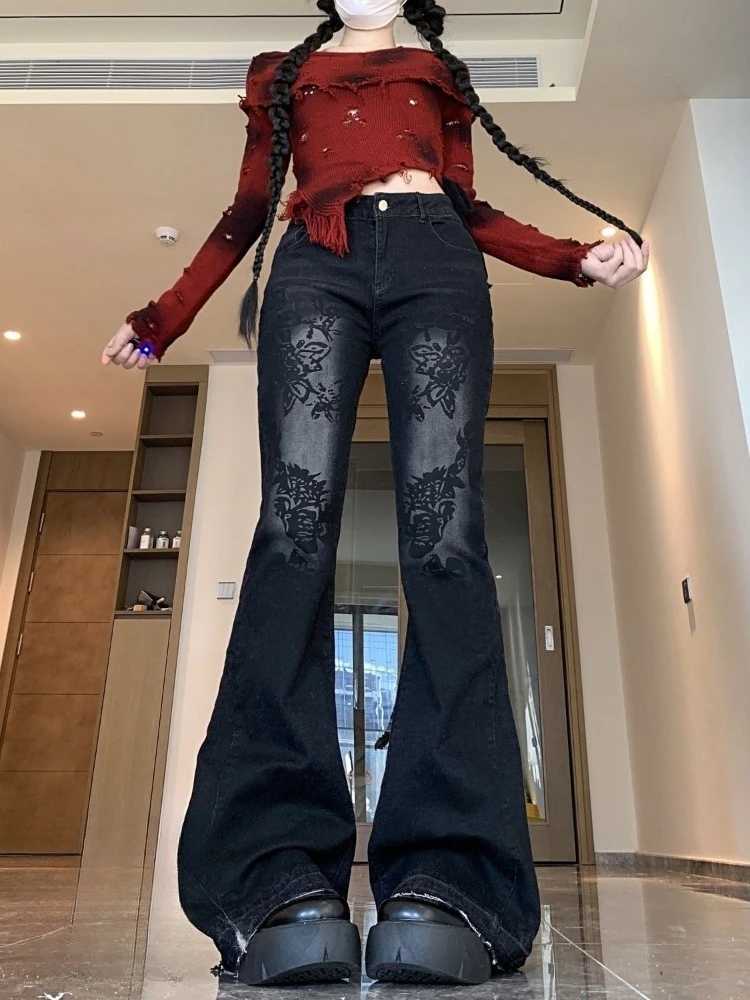 Womens Vintage Full Length Denim Trouser Floral Print Grunge 2000s Street Retro High Waist Jeans Casual Trashy Y2K Emo Pants R250716