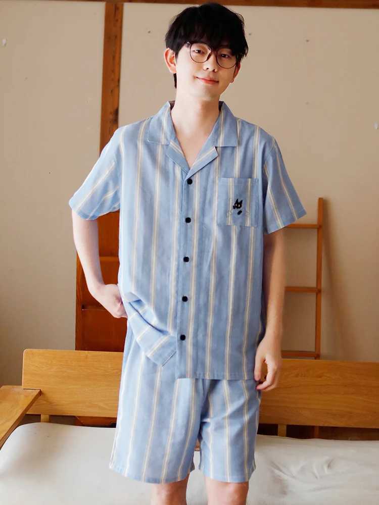 Couple Style Men Pajamas Summer Thin Style Pure Cotton Gauze High-End Short Sleeved Shorts Casual Home Wear New Two-Piece Set W250717