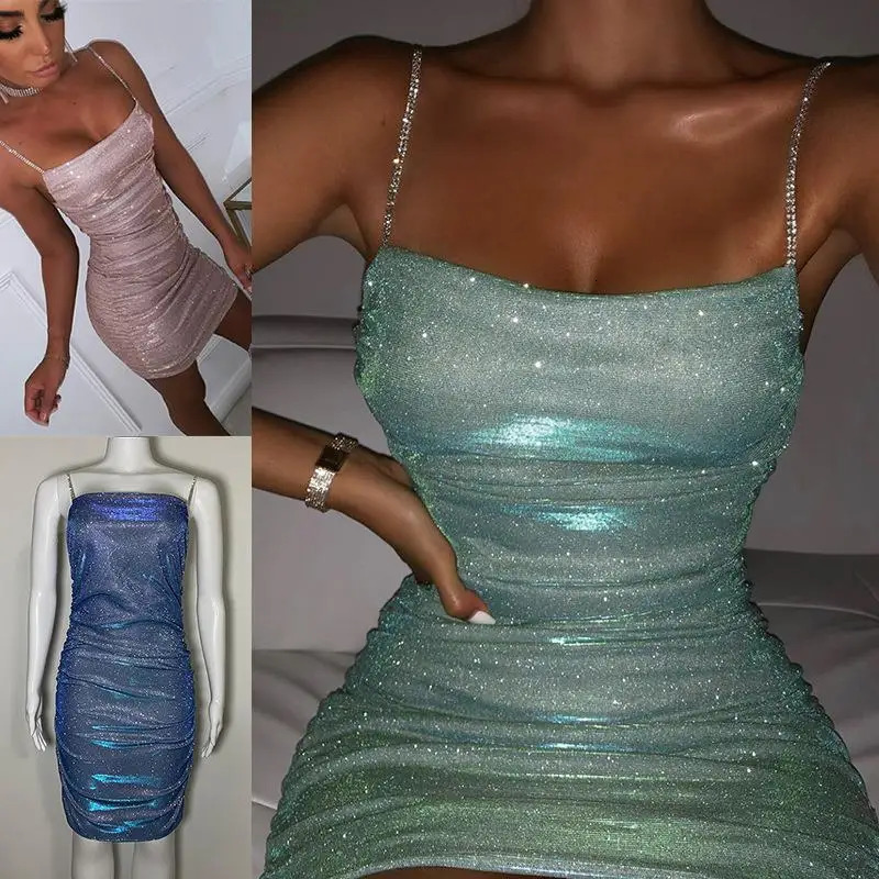 Sexy Slash Neck Shiny Pleated Party Dress Women Fashion Elegant Backless Rhinestone Sling Mini Dresses Lady Chic Mujer 250715