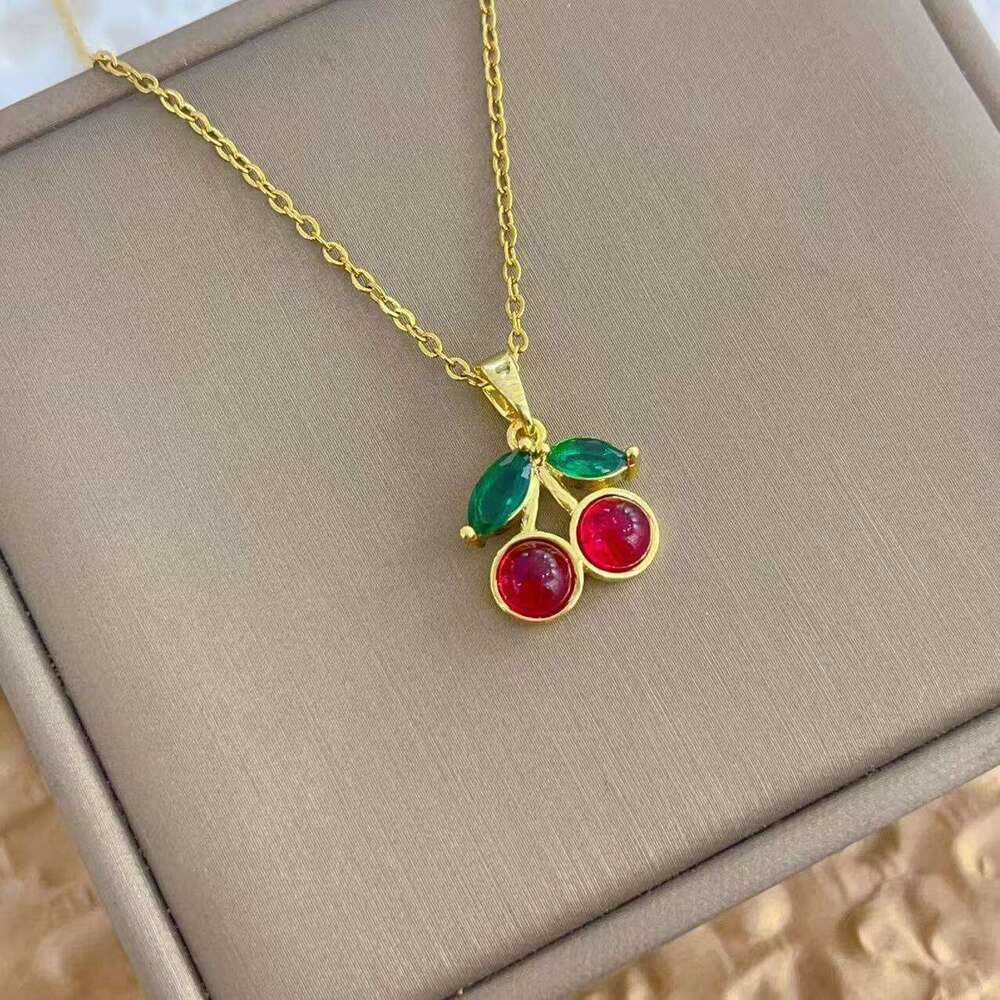 Fresh Titanium Steel Red Zircon Cherry Pendant Necklace Women's Light Niche Sweet Collarbone Chain Jewelry 761