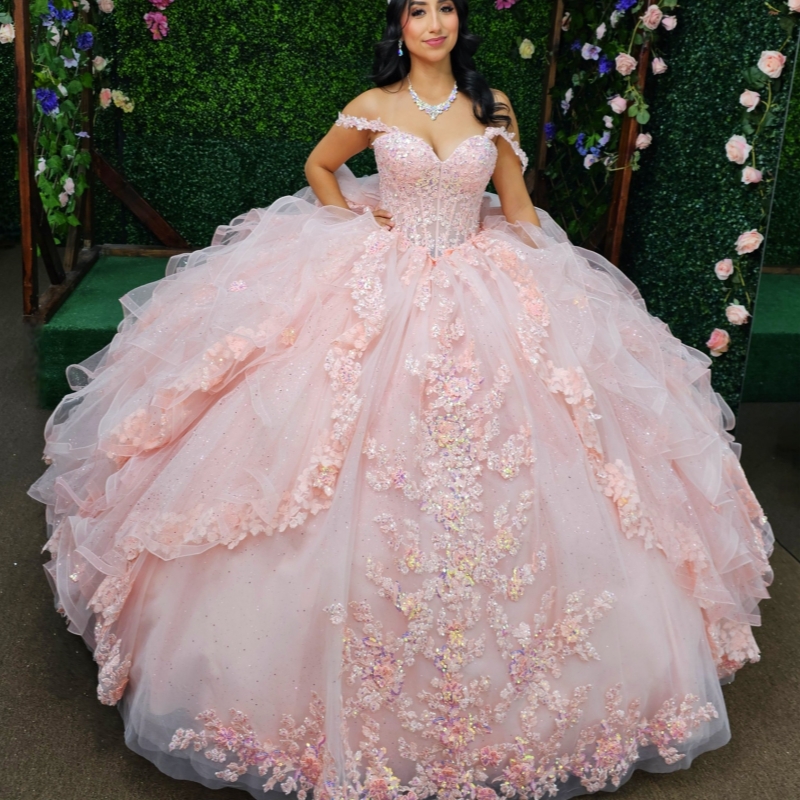 Pink Quinceanera Dresses Ball Gown Off The Shoulder Applique Lace Beads Tull Corset Party Birthday Sweet 16 Dress Vestidos De 15 Anos