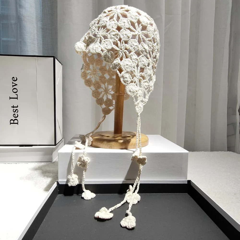 Handmade Hollow Out Crochet Knit Women Beanie Cap with Braid Summer Breathable Flower Berets Casual Pullover Skullies Hat Female 250717