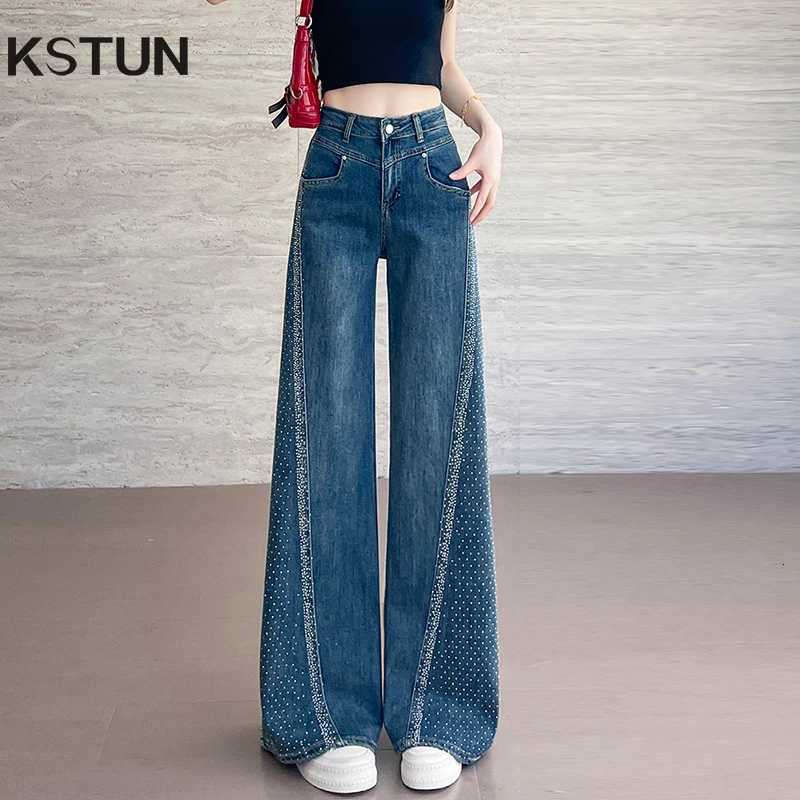 2025 Summer High Waist Wide Leg Jeans for Women Bell Bottom Pants Flared Pants Hotfix Rhinestone Patchwork Dragging Pants R250716