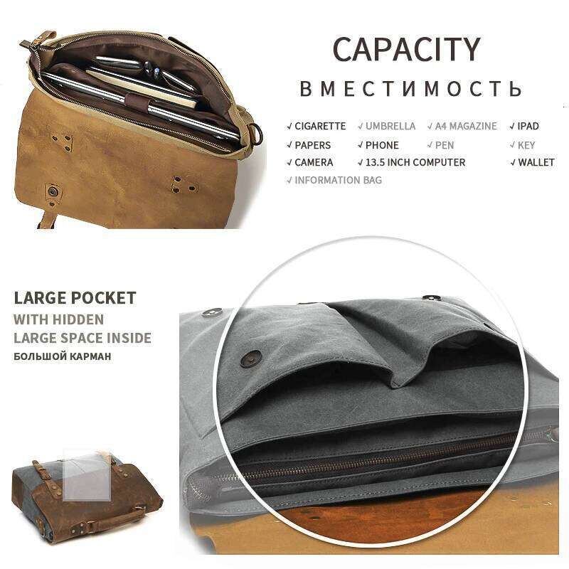 Vintage Crazy Horse Leather Canvas Messenger Bags Laptop Briefcase Crossbody Satchel Bag Dropshipping