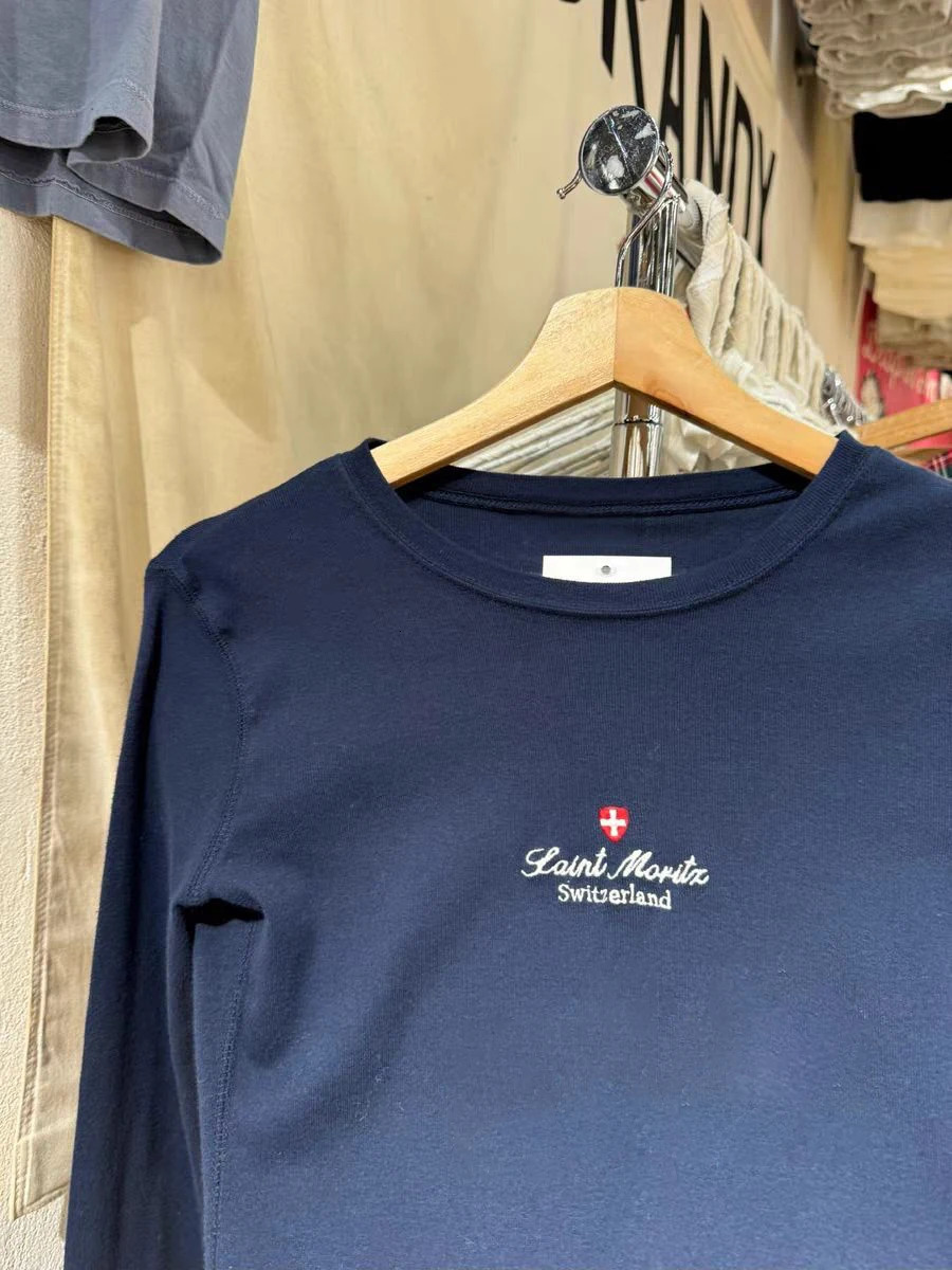 Letter Embroidery Long Sleeve T-shirt Woman Autumn Round Neck Cotton Slim Tee Shirt Navy Vintage Streetwear Sweet Tshirt Y2k Top 250717