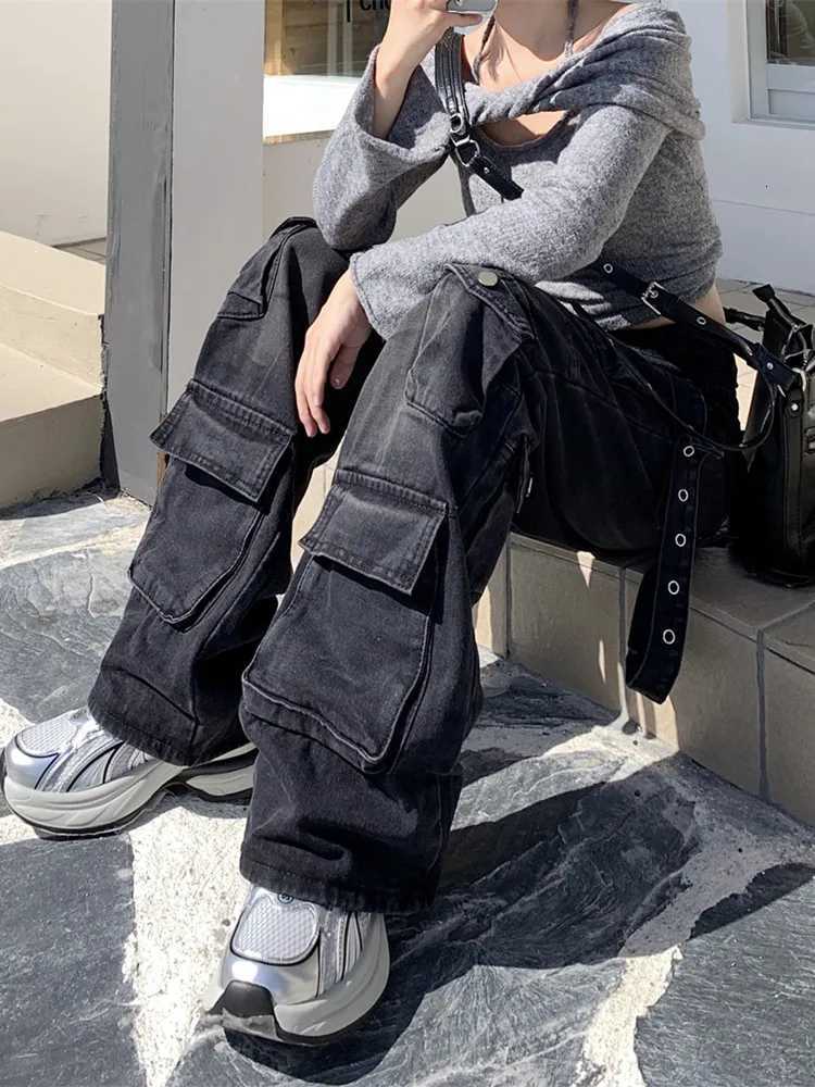 2000s Clothes Y2K Streetwear Washed Black Baggy Cargo Jeans Pants for Women Wide Leg Multi Pockets Straight Loose Lady Trousers R250716