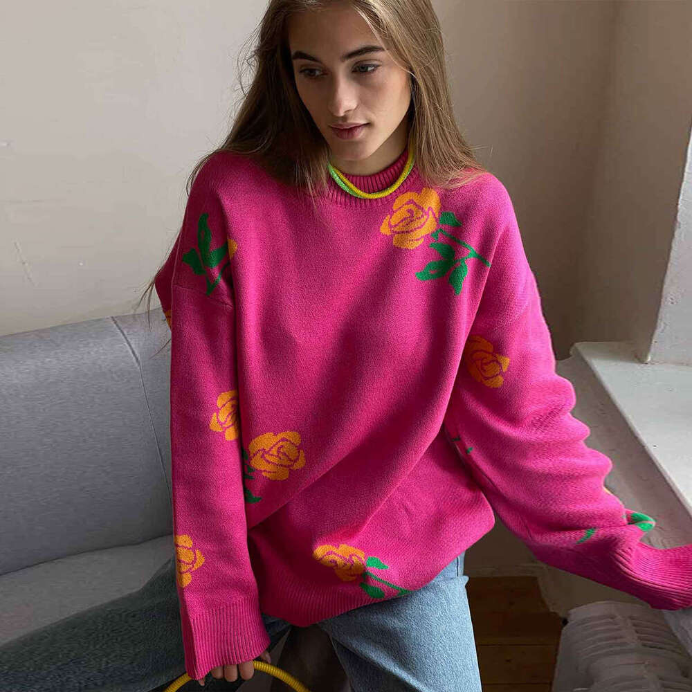 Autumn Winter New Women's Versatile Loose Colorful Rose Round Neck Sweater B5
