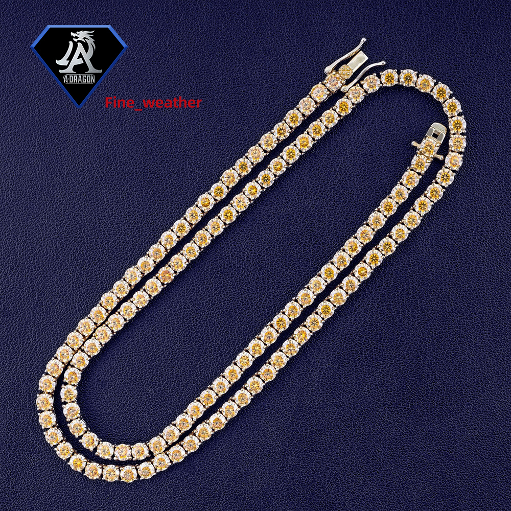 4mm Yellow Moissanite 925 Silver Hip Hop Tennis Chain for Men New Trendy Style on