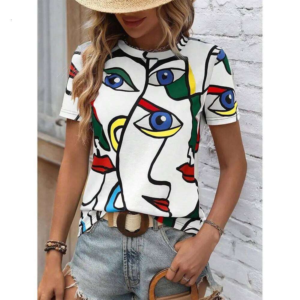 New Abstract 3D Painting Vintage Elegant Women's T-Shirts Short Sleeve Fashion Trend Tee Casual Style Lady's Clothing