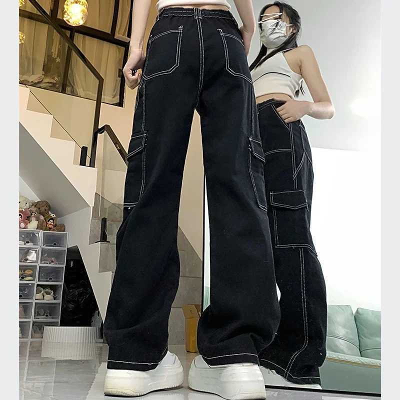 2024 Women Retro Streetwear High Waisted Denim Pants Lady Baggy Straight Leg Wide Leg Pants Girls Fashion Casual Black Trousers R250716