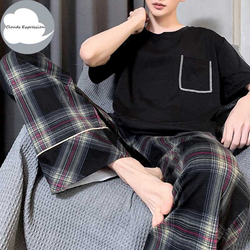 Summer Knitted Plaid Cool Mens Pajamas Casual Short Tops +Long Pants Sets Mens Sleepwear Nightwear Pijamas 4XL Homewea W250717