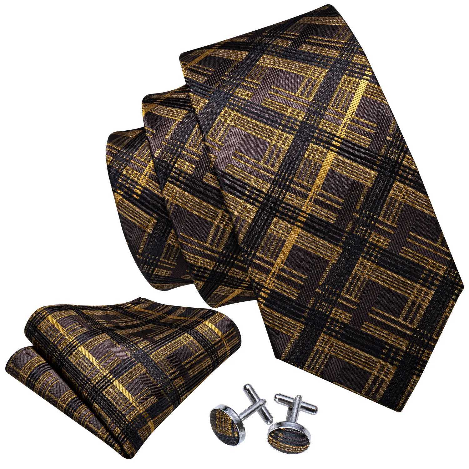 Mens Necktie Set Brown Gold and Blk Floral Silk Tie Pocket Square Cufflinks for Weddings L250926BT14