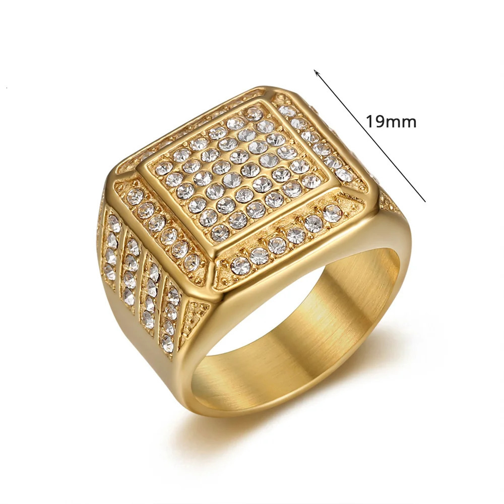Hip Hop Iced Out Bling Square Ring Male Wholesale Gold Color Stainless Steel Big Rapper Rings For Men Fashion Party Jewelry Gift 250716