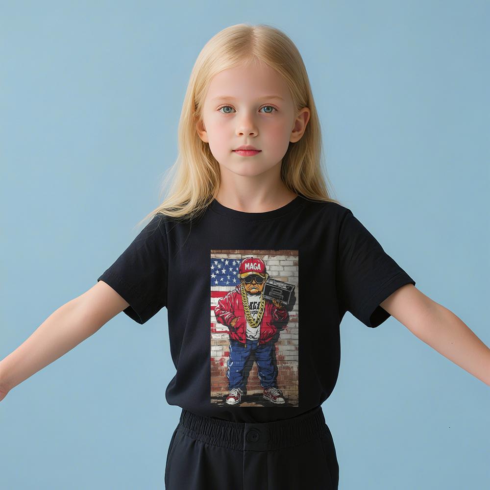 ddmywed Boy and girl Children's T-shirt T-shirt with image a rapper in front of an american flag