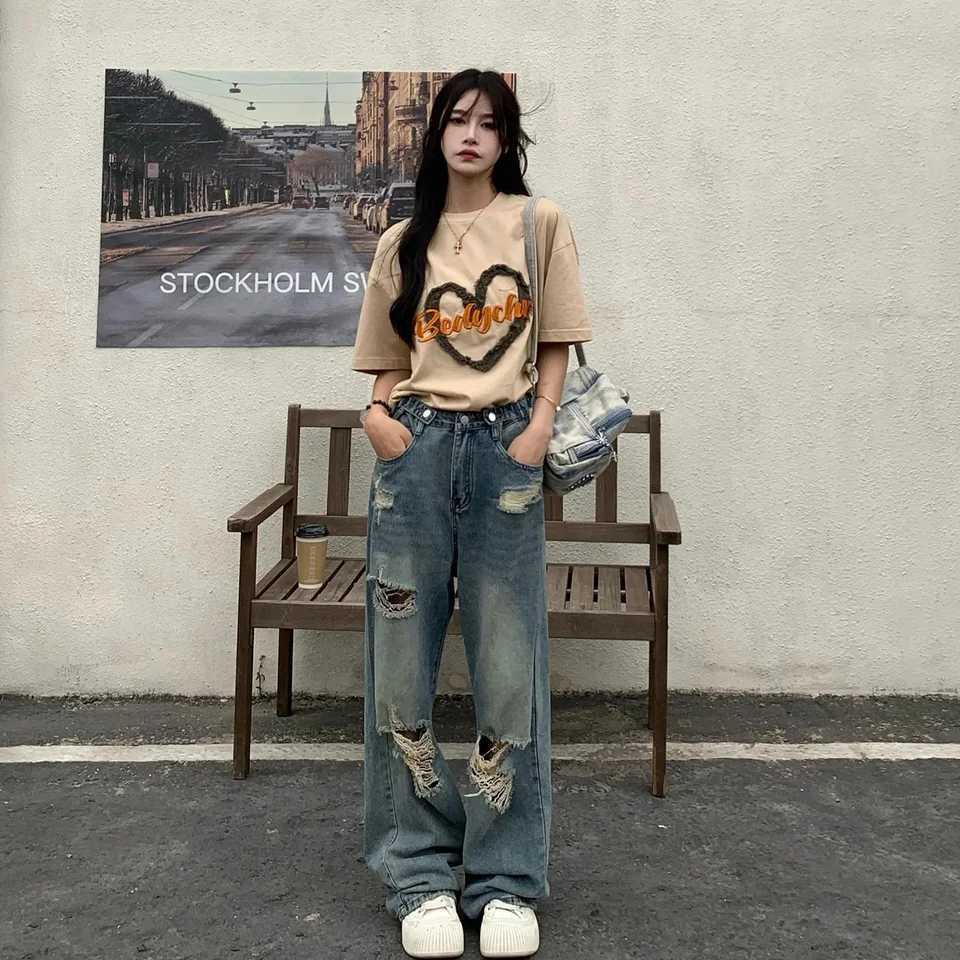 Vintage Hole Y2k Womens Jeans High Waisted Jeans Wide Leg Loose Straight Leg Hip-hop Streetwear Floor Length Denim Pants R250716