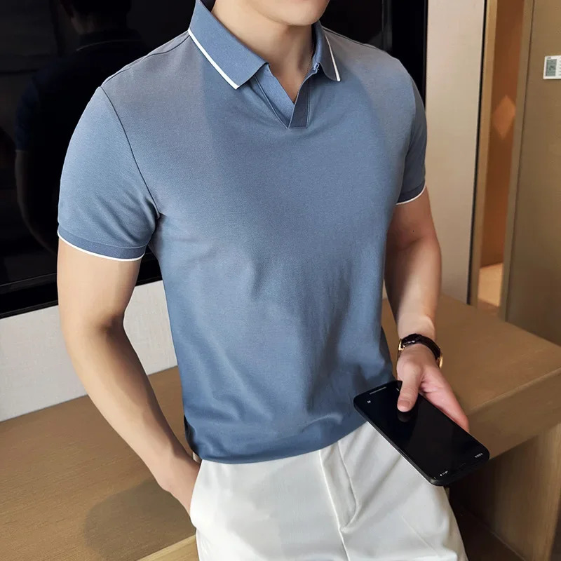 Men Polo Shirt Summer Light Thin British Style Solid Casual Slim Fit Short Sleeved Top T-shirt Fashion Streetwear Men Clothing 250716