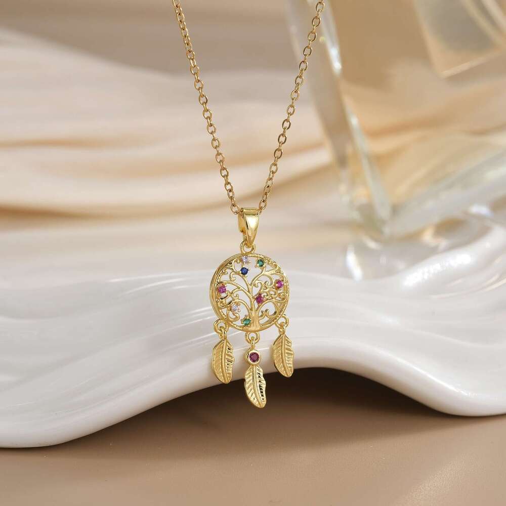 Hot Selling Fashion Copper Gold-Plated Dream Catcher Design Pendant Light Niche High-End Necklace Women's Jewelry 728
