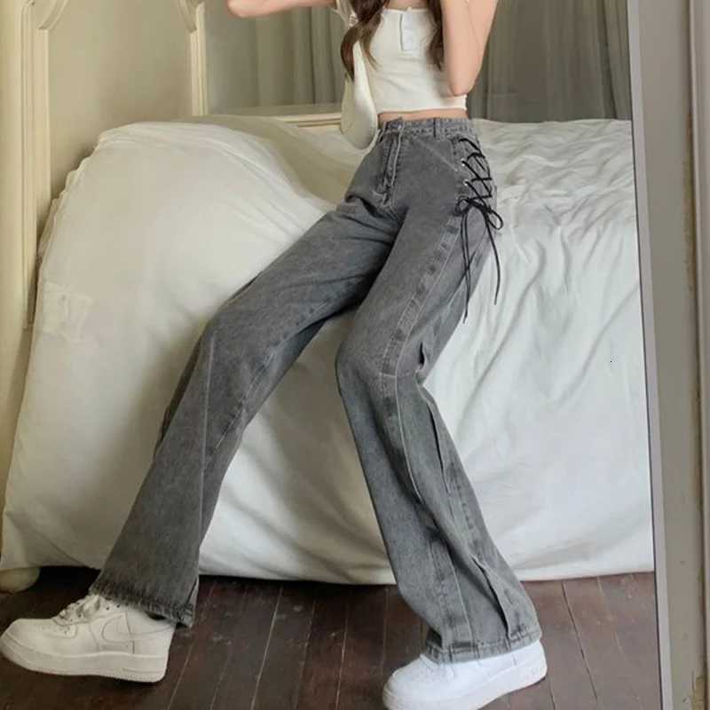 2025 New Korean Side Lace Up Design Pipe Pants Women Stylish Low Rise Gray Denim Full Pants Solid Straight Jeans Female R250716