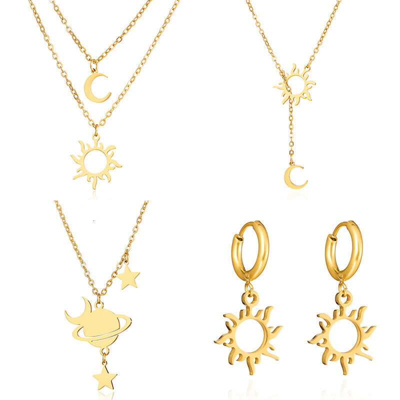 Hot New Planet Moon Stainless Steel Double Layer Necklace fashion Plated 18K Gold Female Geometric Stud Earrings