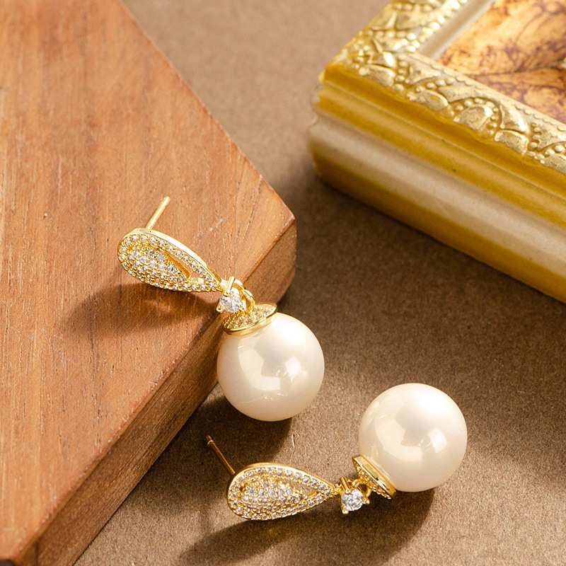 S Sier Needle Fashion Sweet Exquisite Full Dia Shijia True Round Pearl for Women Elegant High-end Sense Earrings