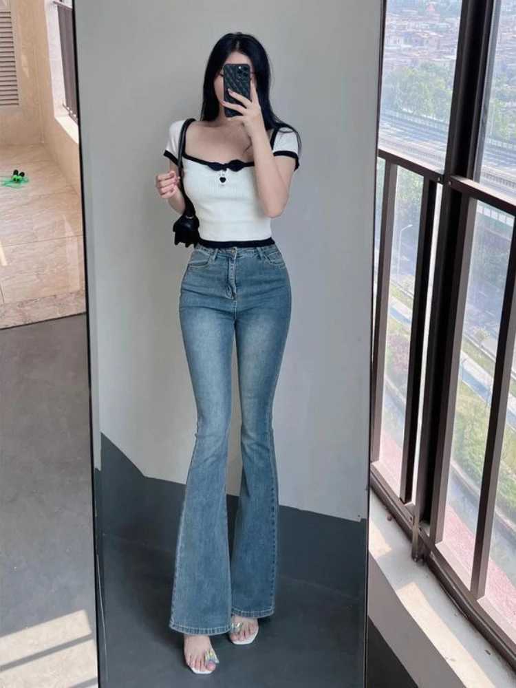Woman Flared Jeans Blue Spring Autumn High Waist Shot Denim Pants for Women Stretch on Sale Clothes Vintage Unique 90s Trousers R250716