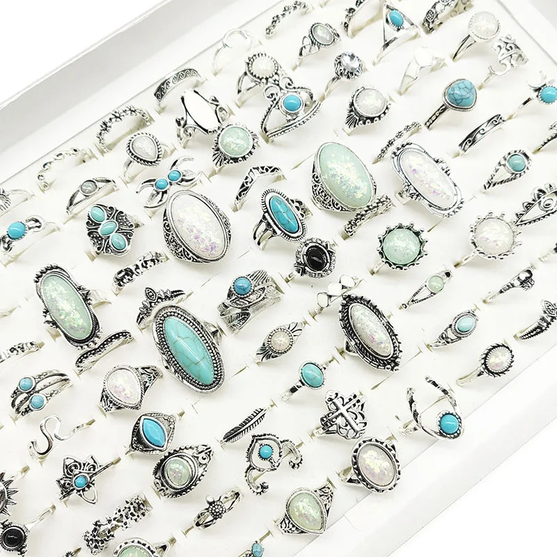 50pcs/Lot Wholesale Big Opal Stone Finger Rings For Women Bohemia White Enamel Acrylic Water Drop Carved Hollow Jewelry Girl 250716