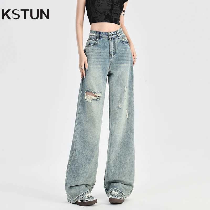 2025 Summer KSTUN Distressed Jeans Women High Waist Hip Hop Denim Pants Hollow Out Vintage Straight Girls Jeans Boyfriend Jeans R250716