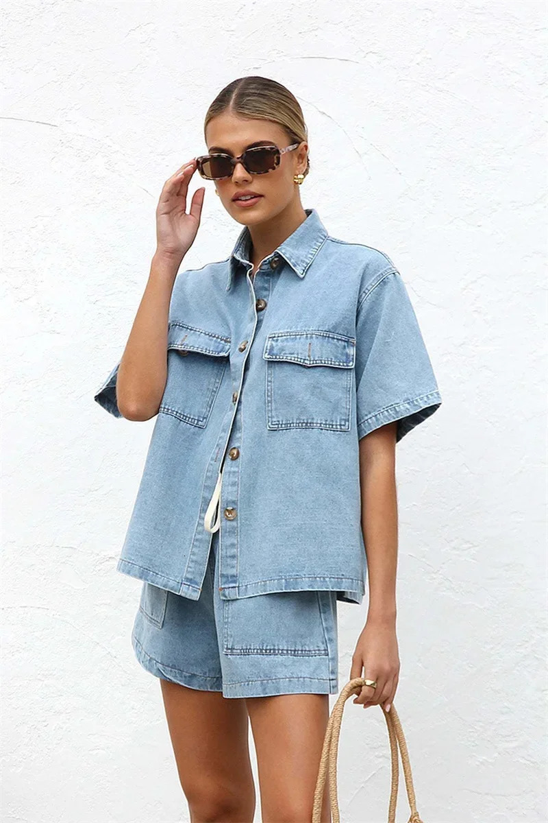 2025 Vintage High Street Denim Suit Short Sleeve Button Loose Comfortable Shirt Female Two Piece Sets Waist Shorts 250714