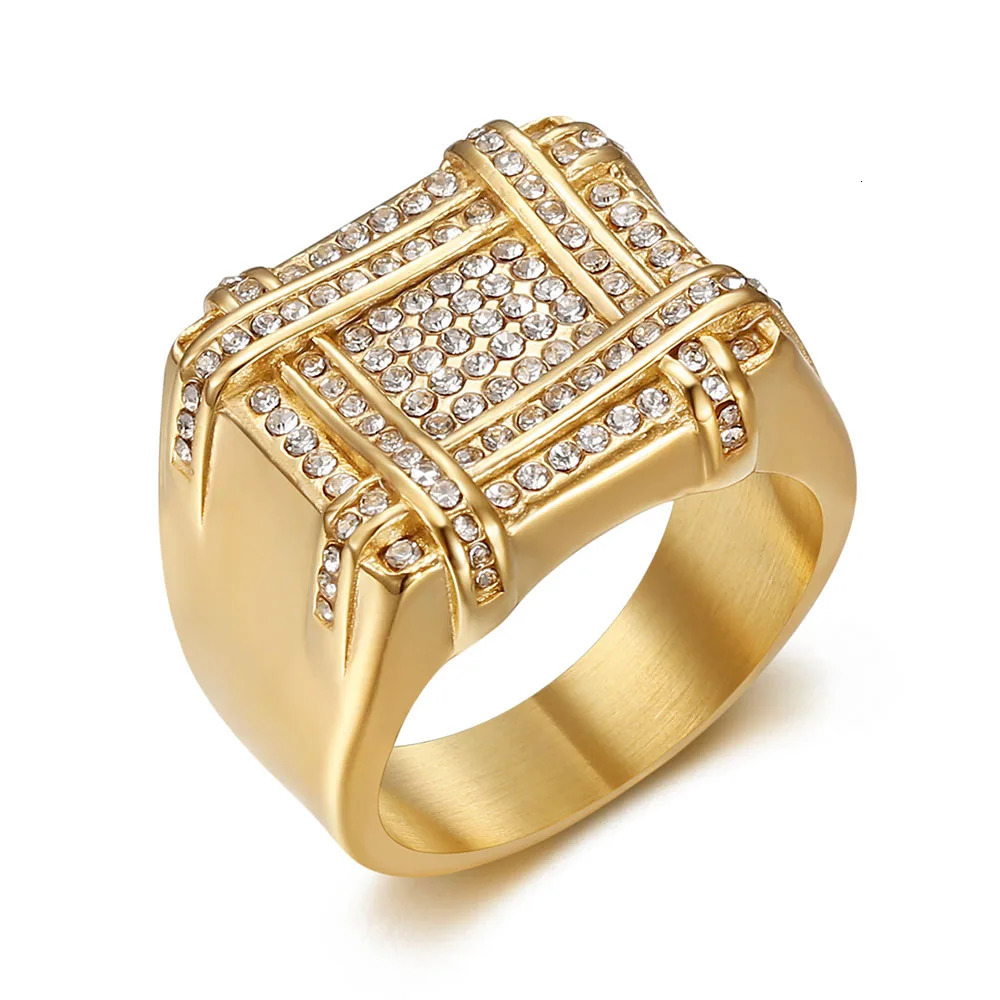 European And American Stainless Steel Gold-plated Full Diamond Square Hip Hop Mens Ring 250716